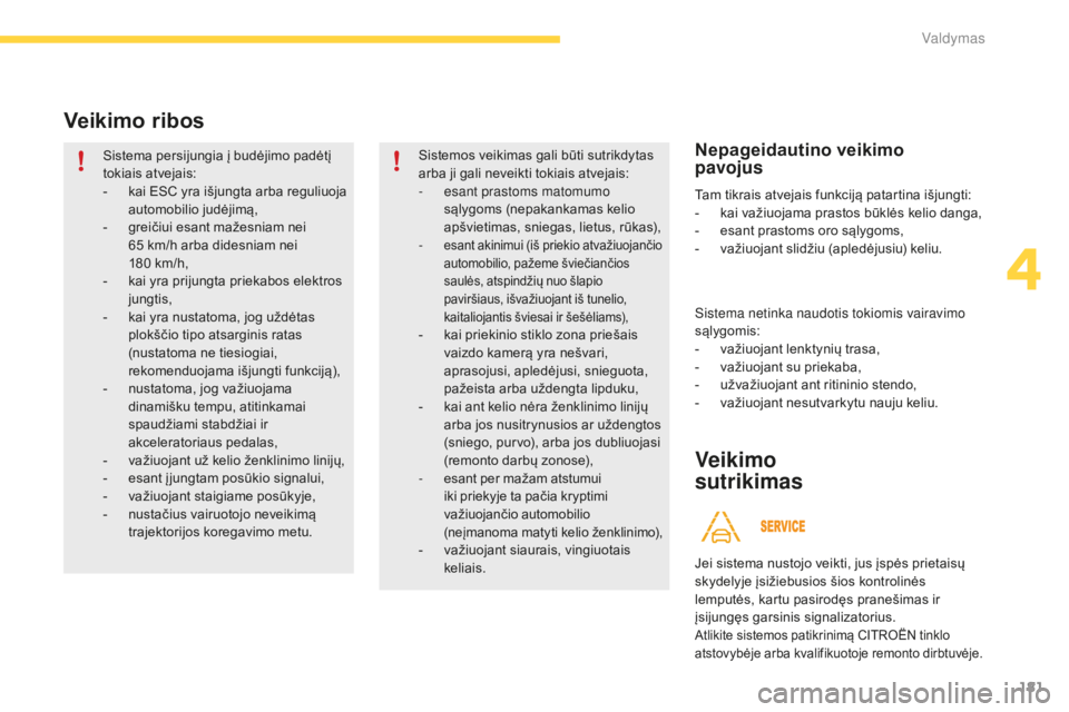 CITROEN C4 SPACETOURER 2016 Eksploatavimo vadovas (in Lithuanian) 181
C4-Picasso-II_lt_Chap04_conduite_ed01-2016
Veikimo ribos
Sistema persijungia į budėjimo padėtį
tokiais atvejais:
-
k
ai ESC yra išjungta arba reguliuoja
automobilio judėjimą,
-
g
rei CITROEN C4 SPACETOURER 2016 Eksploatavimo vadovas (in Lithuanian) 181
C4-Picasso-II_lt_Chap04_conduite_ed01-2016
Veikimo ribos
Sistema persijungia į budėjimo padėtį
tokiais atvejais:
-
k
ai ESC yra išjungta arba reguliuoja
automobilio judėjimą,
-
g
rei