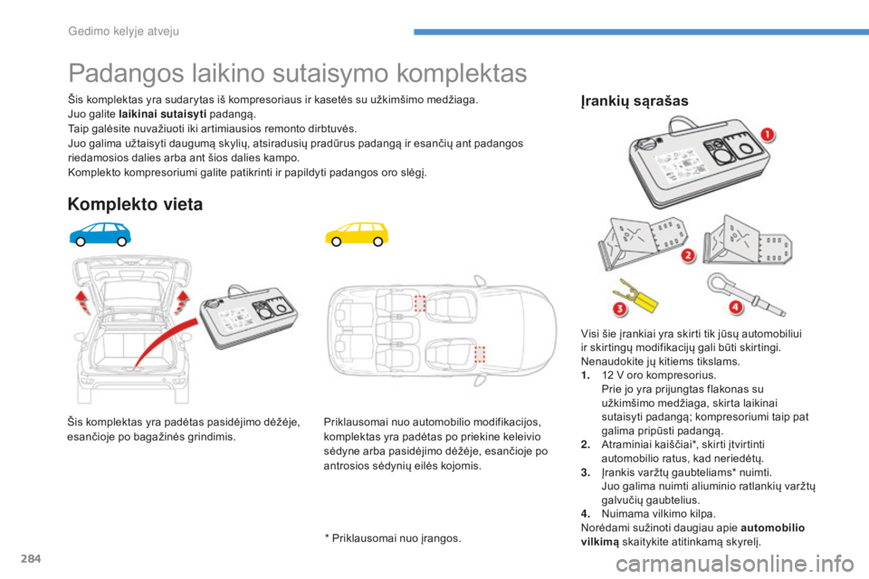 CITROEN C4 SPACETOURER 2016  Eksploatavimo vadovas (in Lithuanian) 284
C4-Picasso-II_lt_Chap08_en-cas-panne_ed01-2016
Šis komplektas yra padėtas pasidėjimo dėžėje, 
esančioje po bagažinės grindimis.Šis komplektas yra sudarytas iš kompresoriaus ir kasetės 