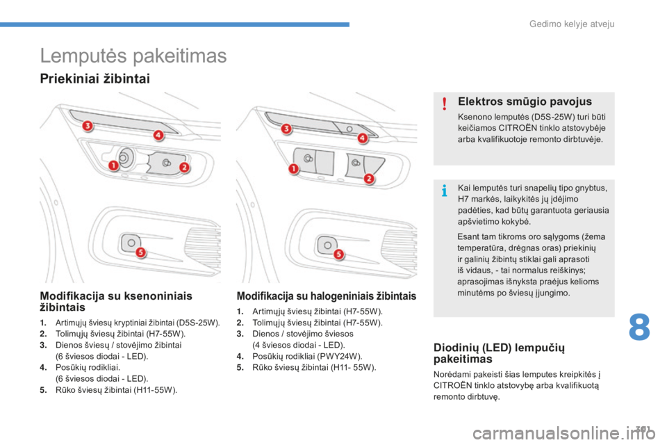 CITROEN C4 SPACETOURER 2016 Eksploatavimo vadovas (in Lithuanian) 301
C4-Picasso-II_lt_Chap08_en-cas-panne_ed01-2016
Lemputės pakeitimas
Kai lemputės turi snapelių tipo gnybtus,
H7 markės, laikykitės jų įdėjimo
padėties, kad būtų garantuota geriausia
CITROEN C4 SPACETOURER 2016 Eksploatavimo vadovas (in Lithuanian) 301
C4-Picasso-II_lt_Chap08_en-cas-panne_ed01-2016
Lemputės pakeitimas
Kai lemputės turi snapelių tipo gnybtus,
H7 markės, laikykitės jų įdėjimo
padėties, kad būtų garantuota geriausia