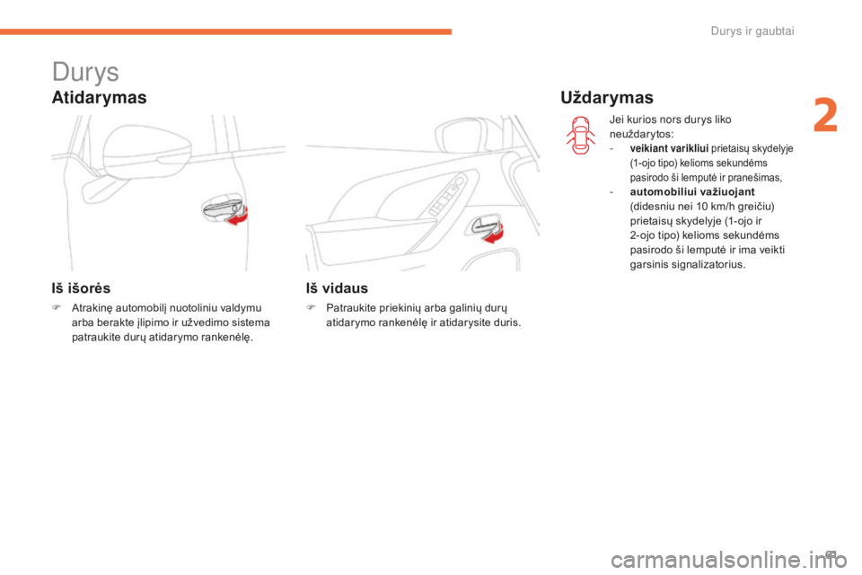 CITROEN C4 SPACETOURER 2016 Eksploatavimo vadovas (in Lithuanian) 61
C4-Picasso-II_lt_Chap02_ouvertures_ed01-2016
Durys
Atidarymas
Iš išorės
F Atrakinę automobilį nuotoliniu valdymu arba berakte įlipimo ir užvedimo sistema
patraukite durų atidarymo rankenė CITROEN C4 SPACETOURER 2016 Eksploatavimo vadovas (in Lithuanian) 61
C4-Picasso-II_lt_Chap02_ouvertures_ed01-2016
Durys
Atidarymas
Iš išorės
F Atrakinę automobilį nuotoliniu valdymu arba berakte įlipimo ir užvedimo sistema
patraukite durų atidarymo rankenė
