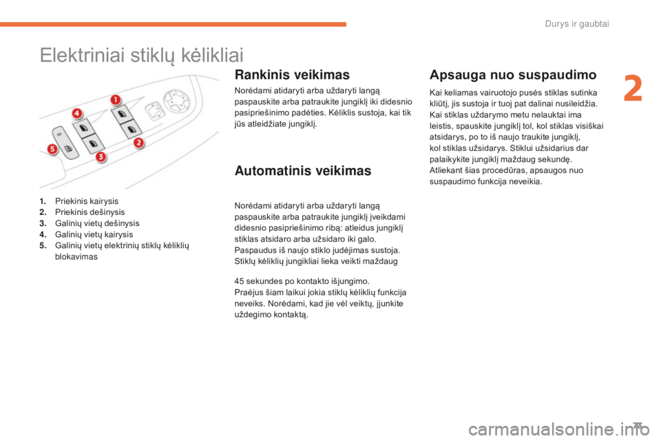 CITROEN C4 SPACETOURER 2016 Eksploatavimo vadovas (in Lithuanian) 73
C4-Picasso-II_lt_Chap02_ouvertures_ed01-2016
Elektriniai stiklų kėlikliai
Rankinis veikimas
Norėdami atidaryti arba uždaryti langą
paspauskite arba patraukite jungiklį iki didesnio
pasiprie CITROEN C4 SPACETOURER 2016 Eksploatavimo vadovas (in Lithuanian) 73
C4-Picasso-II_lt_Chap02_ouvertures_ed01-2016
Elektriniai stiklų kėlikliai
Rankinis veikimas
Norėdami atidaryti arba uždaryti langą
paspauskite arba patraukite jungiklį iki didesnio
pasiprie
