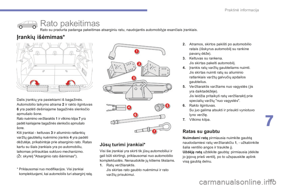 CITROEN C4 SPACETOURER 2015 Eksploatavimo vadovas (in Lithuanian) 263
C4-Picasso-II_lt_Chap07_info-pratiques_ed01-2014
* Priklausomai nuo modifikacijos. Visi įrankiai
komplektuojami, kai automobilis turi atsarginį ratą.
Rato pakeitimasRato su pradurta padanga p CITROEN C4 SPACETOURER 2015 Eksploatavimo vadovas (in Lithuanian) 263
C4-Picasso-II_lt_Chap07_info-pratiques_ed01-2014
* Priklausomai nuo modifikacijos. Visi įrankiai
komplektuojami, kai automobilis turi atsarginį ratą.
Rato pakeitimasRato su pradurta padanga p