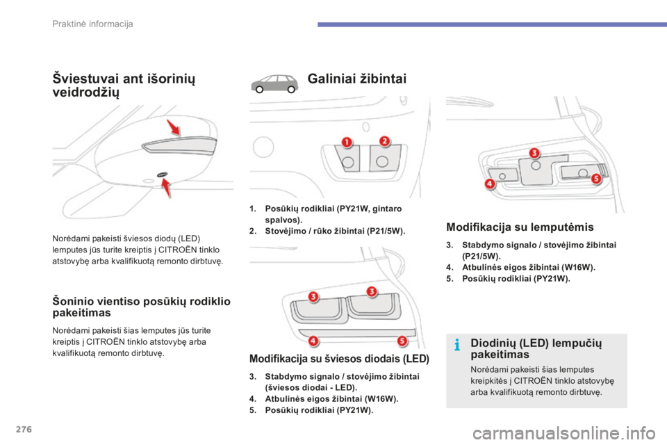 CITROEN C4 SPACETOURER 2015 Eksploatavimo vadovas (in Lithuanian) 276
C4-Picasso-II_lt_Chap07_info-pratiques_ed01-2014
Norėdami pakeisti šviesos diodų (LED)
lemputes jūs turite kreiptis į CITROËN tinklo
atstovybę arba kvalifikuotą remonto dirbtuvę.
Švies CITROEN C4 SPACETOURER 2015 Eksploatavimo vadovas (in Lithuanian) 276
C4-Picasso-II_lt_Chap07_info-pratiques_ed01-2014
Norėdami pakeisti šviesos diodų (LED)
lemputes jūs turite kreiptis į CITROËN tinklo
atstovybę arba kvalifikuotą remonto dirbtuvę.
Švies
