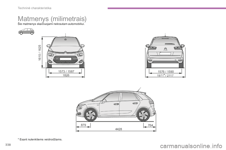 CITROEN C4 SPACETOURER 2015 Eksploatavimo vadovas (in Lithuanian) 338
C4-Picasso-II_lt_Chap09_caracteristiques-techniques_ed01-2014
Matmenys (milimetrais)Šie matmenys skaičiuojami nekrautam automobiliui.
* Esant nulenktiems veidrodžiams.
Techninė charakteristik CITROEN C4 SPACETOURER 2015 Eksploatavimo vadovas (in Lithuanian) 338
C4-Picasso-II_lt_Chap09_caracteristiques-techniques_ed01-2014
Matmenys (milimetrais)Šie matmenys skaičiuojami nekrautam automobiliui.
* Esant nulenktiems veidrodžiams.
Techninė charakteristik