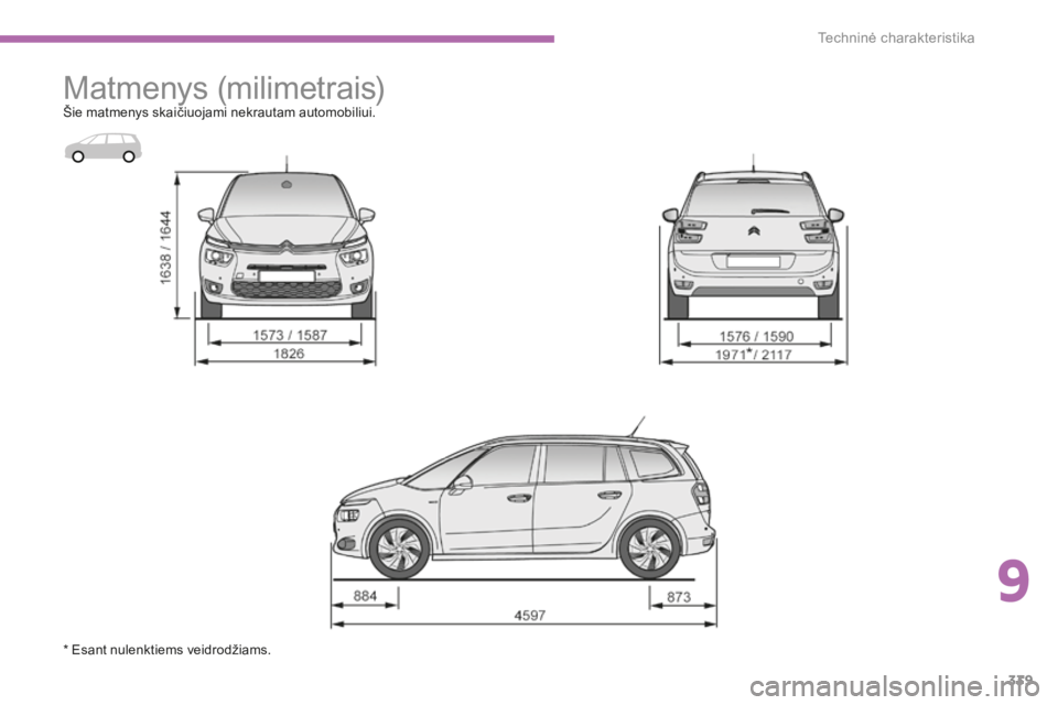CITROEN C4 SPACETOURER 2015 Eksploatavimo vadovas (in Lithuanian) 339
C4-Picasso-II_lt_Chap09_caracteristiques-techniques_ed01-2014
Matmenys (milimetrais)Šie matmenys skaičiuojami nekrautam automobiliui.
* Esant nulenktiems veidrodžiams.
9
Techninė charakterist CITROEN C4 SPACETOURER 2015 Eksploatavimo vadovas (in Lithuanian) 339
C4-Picasso-II_lt_Chap09_caracteristiques-techniques_ed01-2014
Matmenys (milimetrais)Šie matmenys skaičiuojami nekrautam automobiliui.
* Esant nulenktiems veidrodžiams.
9
Techninė charakterist