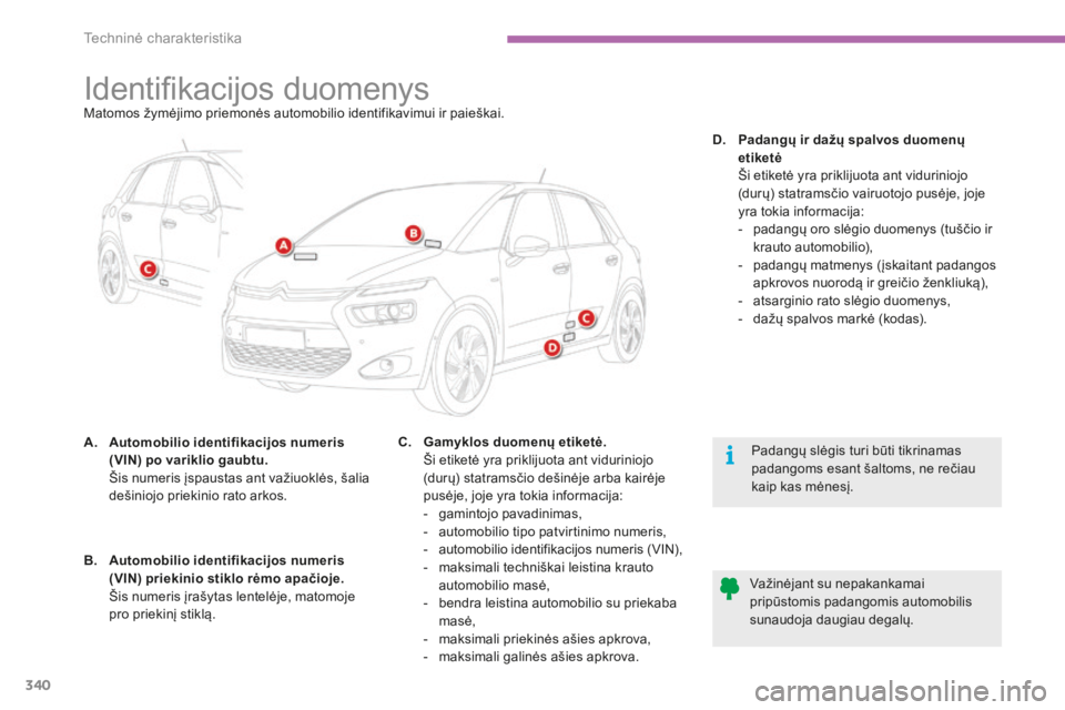 CITROEN C4 SPACETOURER 2015 Eksploatavimo vadovas (in Lithuanian) 340
C4-Picasso-II_lt_Chap09_caracteristiques-techniques_ed01-2014
Identifikacijos duomenysMatomos žymėjimo priemonės automobilio identifikavimui ir paieškai.
A.
A
utomobilio identifikacijos numer CITROEN C4 SPACETOURER 2015 Eksploatavimo vadovas (in Lithuanian) 340
C4-Picasso-II_lt_Chap09_caracteristiques-techniques_ed01-2014
Identifikacijos duomenysMatomos žymėjimo priemonės automobilio identifikavimui ir paieškai.
A.
A
utomobilio identifikacijos numer