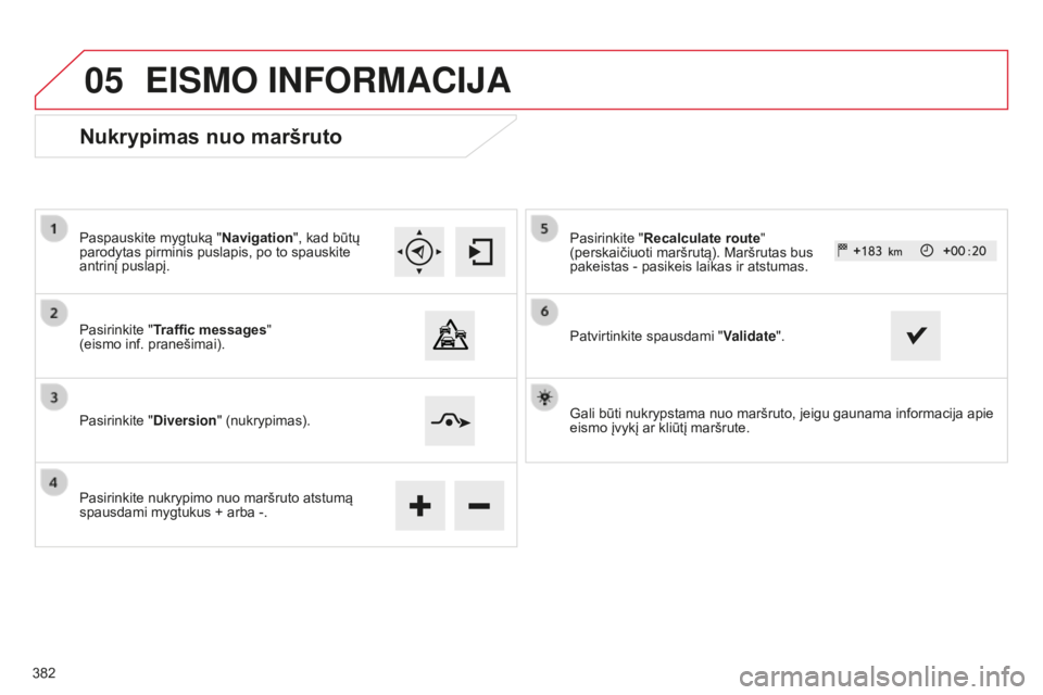 CITROEN C4 SPACETOURER 2015 Eksploatavimo vadovas (in Lithuanian) 05
C4-Picasso-II_lt_Chap10b_SMEGplus_ed01-2014
Nukrypimas nuo maršruto
Paspauskite mygtuką "Navigation", kad būtų
parodytas pirminis puslapis, po to spauskite
antrinį puslapį.
Pasirink CITROEN C4 SPACETOURER 2015 Eksploatavimo vadovas (in Lithuanian) 05
C4-Picasso-II_lt_Chap10b_SMEGplus_ed01-2014
Nukrypimas nuo maršruto
Paspauskite mygtuką "Navigation", kad būtų
parodytas pirminis puslapis, po to spauskite
antrinį puslapį.
Pasirink