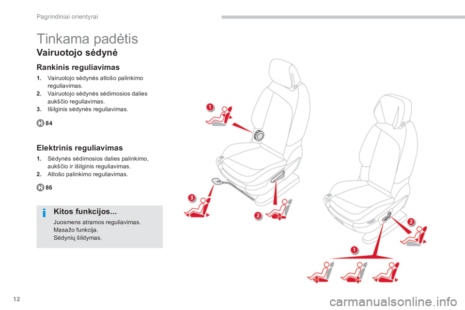 CITROEN C4 SPACETOURER 2014  Eksploatavimo vadovas (in Lithuanian) 12
Pagrindiniai orientyrai
  Tinkama padėtis 
Vairuotojo sėdynė 
Rankinis reguliavimas 
1. 
 Vair uotojo sėdynės atlošo palinkimo reguliavimas. 2. 
 Vair uotojo sėdynės sėdimosios dalies auk
