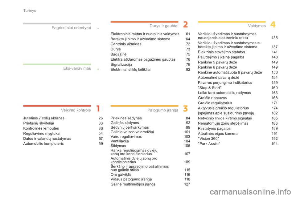 CITROEN C4 SPACETOURER 2014  Eksploatavimo vadovas (in Lithuanian) Tu r i n y s
Jutiklinis 7 colių ekranas  26
Prietaisų skydeliai 33
Kontrolinės lemputės 38
Reguliavimo mygtukai  54
Datos ir valandų nustatymas 57
Automobilio kompiuteris 59
Veikimo kontrolė Pag