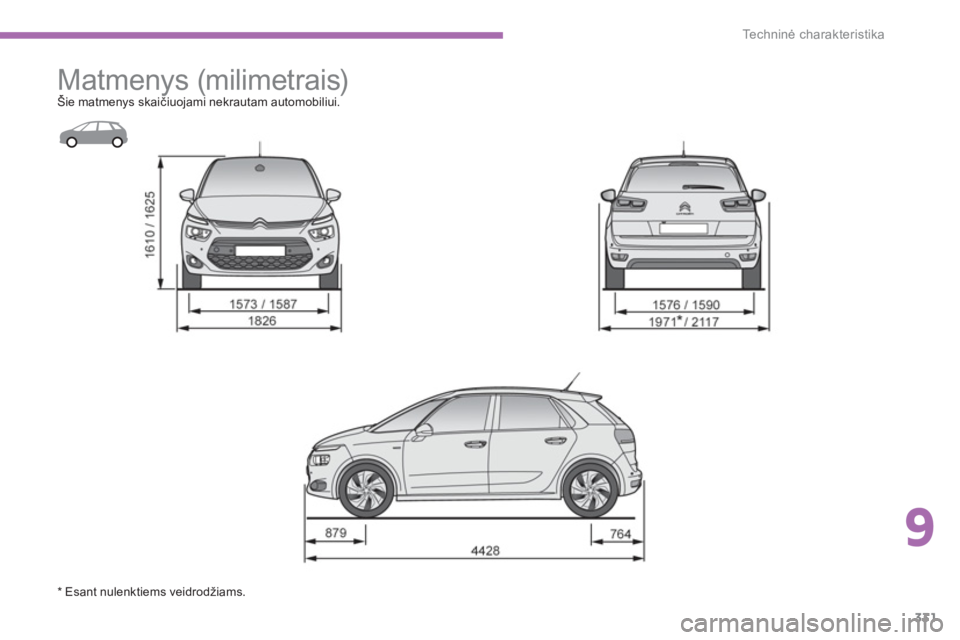 CITROEN C4 SPACETOURER 2014  Eksploatavimo vadovas (in Lithuanian) 9
331
Techninė charakteristika
 
 
 
 
 
Matmenys (milimetrais)  Šie matmenys skaičiuojami nekrautam automobiliui.y(
* Esant nulenktiems veidrodžiams.  