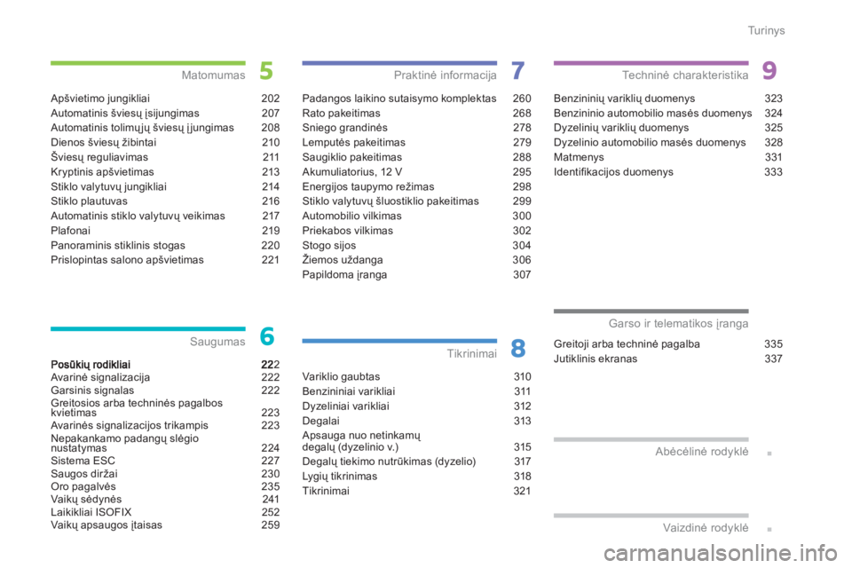 CITROEN C4 SPACETOURER 2014  Eksploatavimo vadovas (in Lithuanian) Tu r i n y s
2Avarinė signalizacija 222Garsinis signalas 222Greitosios arba techninės pagalboskvietimas 22pg3Avarinės signalizacijos trikampis  223Nepakankamo padangų slėgionustatymas 22ppgųgp4S