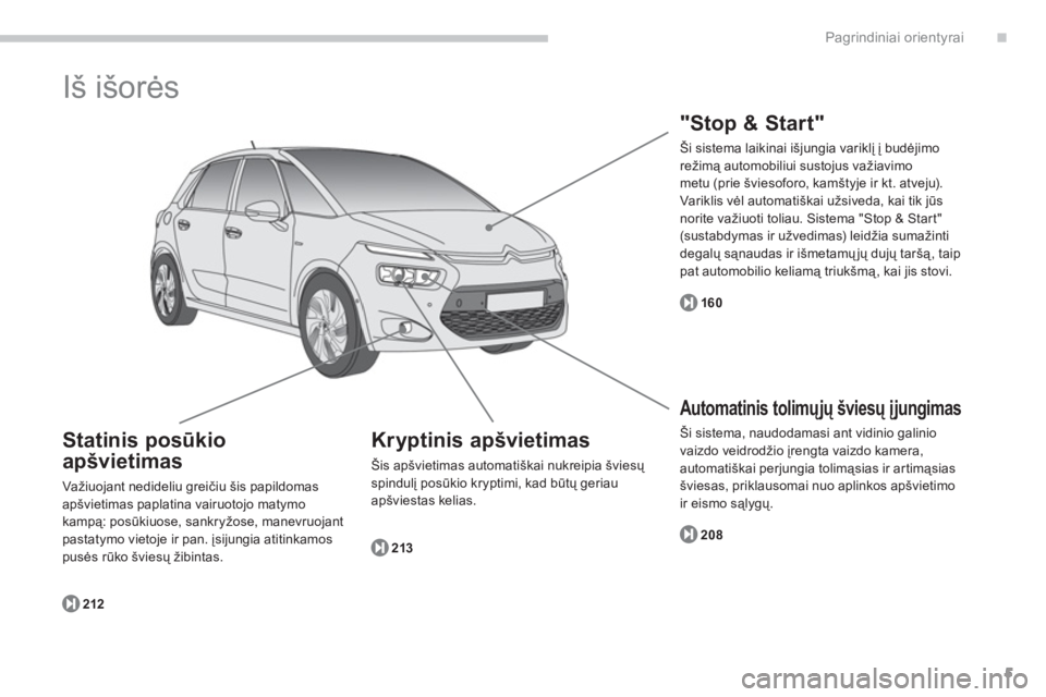 CITROEN C4 SPACETOURER 2014  Eksploatavimo vadovas (in Lithuanian) .
5
Pagrindiniai orientyrai
  Iš išorės 
Kryptinis apšvietimas 
Šis apšvietimas automatiškai nukreipia šviesų 
sp
indulį posūkio kryptimi, kad būtų geriauapšviestas kelias.
213
 
 
Stati