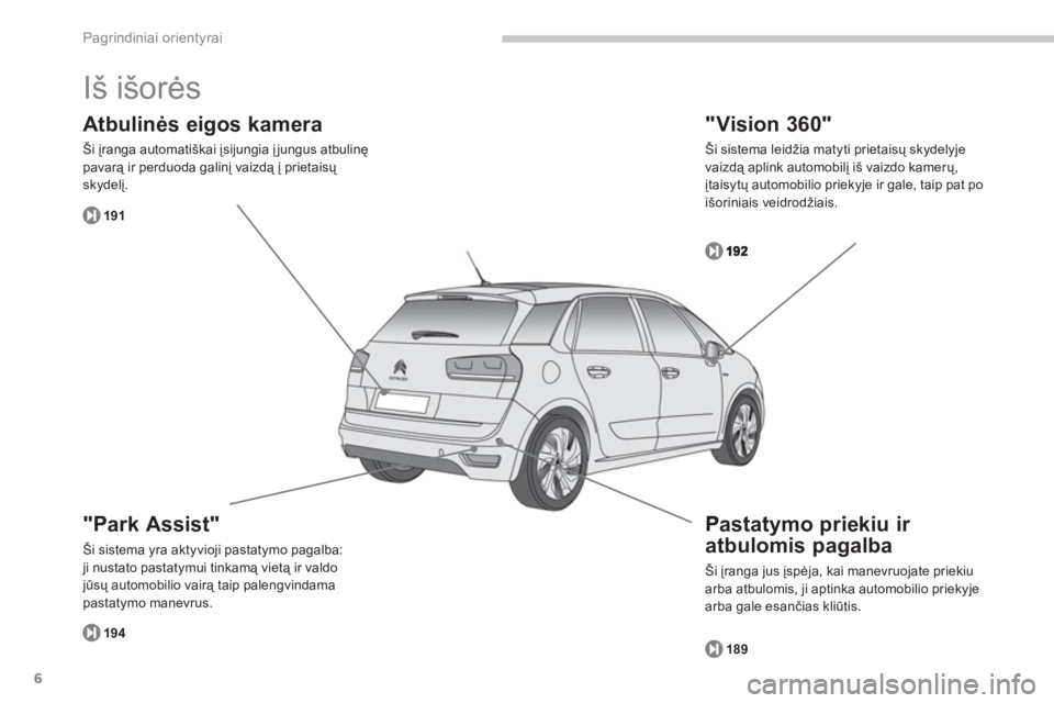 CITROEN C4 SPACETOURER 2014  Eksploatavimo vadovas (in Lithuanian) 6
Pagrindiniai orientyrai
  Iš išorės 
"Park Assist" 
Ši sistema yra aktyvioji pastatymo pagalba: ji nustato pastatymui tinkamą vietą ir valdo jūsų automobilio vairą taip palengvindama 
pasta