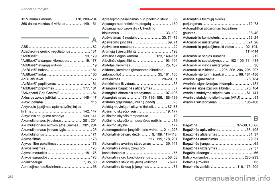 CITROEN C5 AIRCROSS 2022 Eksploatavimo vadovas (in Lithuanian) 252
Abėcėlinė rodyklė
12 V akumuliatorius 178, 200–204
360 dalies vaizdas iš viršaus
149, 151
A
ABS 82
Adaptacinis greičio reguliatorius
131
"AdBlue®"
19, 179
CITROEN C5 AIRCROSS 2022 Eksploatavimo vadovas (in Lithuanian) 252
Abėcėlinė rodyklė
12 V akumuliatorius 178, 200–204
360 dalies vaizdas iš viršaus
149, 151
A
ABS 82
Adaptacinis greičio reguliatorius
131
"AdBlue®"
19, 179