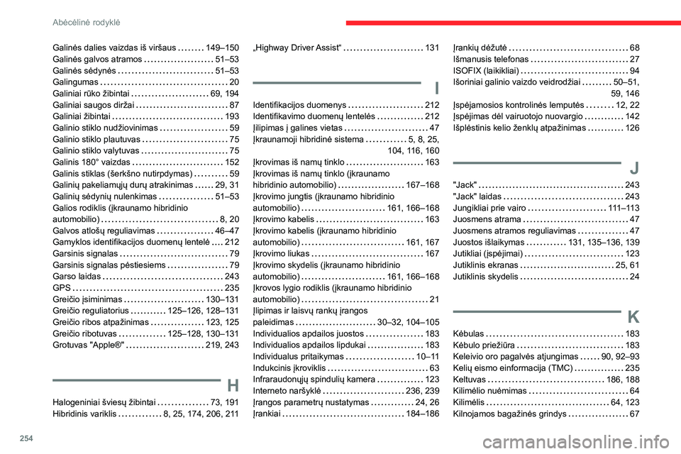 CITROEN C5 AIRCROSS 2022 Eksploatavimo vadovas (in Lithuanian) 254
Abėcėlinė rodyklė
Galinės dalies vaizdas iš viršaus 149–150
Galinės galvos atramos
51–53
Galinės sėdynės
51–53
Galingumas
20
Galiniai rūko žibintai
69, 1 CITROEN C5 AIRCROSS 2022 Eksploatavimo vadovas (in Lithuanian) 254
Abėcėlinė rodyklė
Galinės dalies vaizdas iš viršaus 149–150
Galinės galvos atramos
51–53
Galinės sėdynės
51–53
Galingumas
20
Galiniai rūko žibintai
69, 1