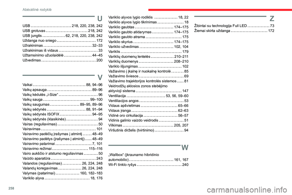 CITROEN C5 AIRCROSS 2022 Eksploatavimo vadovas (in Lithuanian) 258
Abėcėlinė rodyklė
U
USB 218, 220, 238, 242
USB grotuvas
218, 242
USB jungtis
62, 218, 220, 238, 242
Uždanga nuo sniego
172
Užrakinimas
32–33
Užrakinimas iš vidaus
CITROEN C5 AIRCROSS 2022 Eksploatavimo vadovas (in Lithuanian) 258
Abėcėlinė rodyklė
U
USB 218, 220, 238, 242
USB grotuvas
218, 242
USB jungtis
62, 218, 220, 238, 242
Uždanga nuo sniego
172
Užrakinimas
32–33
Užrakinimas iš vidaus