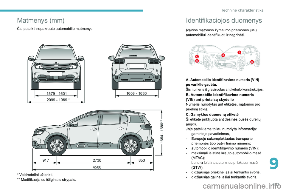 CITROEN C5 AIRCROSS 2020  Eksploatavimo vadovas (in Lithuanian) 221
Identifikaciojos duomenys
Įvairios matomos žymėjimo priemonės jūsų 
automobiliui identifikuoti ir nagrinėti.
A. Automobilio identifikavimo numeris (VIN) 
po variklio gaubtu.
Šis numeris i