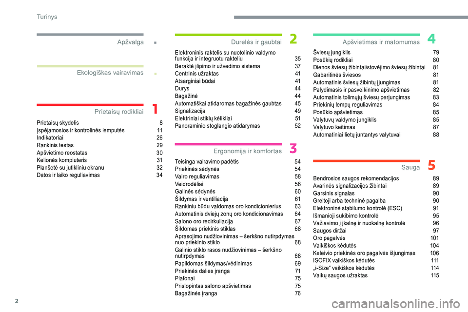 CITROEN C5 AIRCROSS 2020  Eksploatavimo vadovas (in Lithuanian) 2
.
.
Prietaisų skydelis 8
Į spėjamosios ir kontrolinės lemputės  1 1
Indikatoriai
 

26
Rankinis testas
 
2
 9
Apšvietimo reostatas
 
3
 0
Kelionės kompiuteris
 
3
 1
Planšetė su jutikliniu 