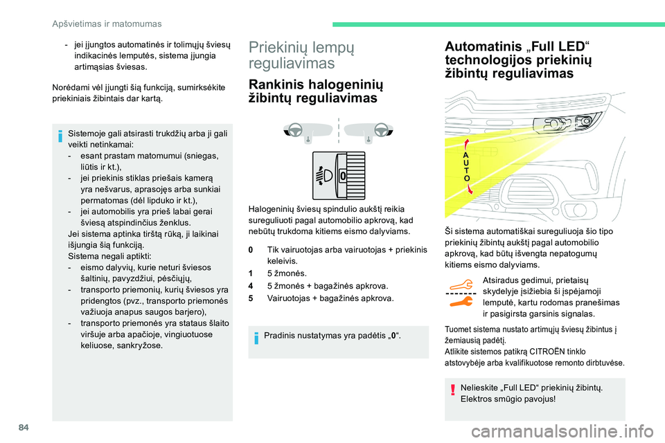 CITROEN C5 AIRCROSS 2020 Eksploatavimo vadovas (in Lithuanian) 84
Automatinis „Full LED “
technologijos priekinių
žibintų reguliavimas
Atsiradus gedimui, prietaisų
skydelyje įsižiebia ši įspėjamoji
lemputė, kartu rodomas pranešimas
ir pasigirs CITROEN C5 AIRCROSS 2020 Eksploatavimo vadovas (in Lithuanian) 84
Automatinis „Full LED “
technologijos priekinių
žibintų reguliavimas
Atsiradus gedimui, prietaisų
skydelyje įsižiebia ši įspėjamoji
lemputė, kartu rodomas pranešimas
ir pasigirs