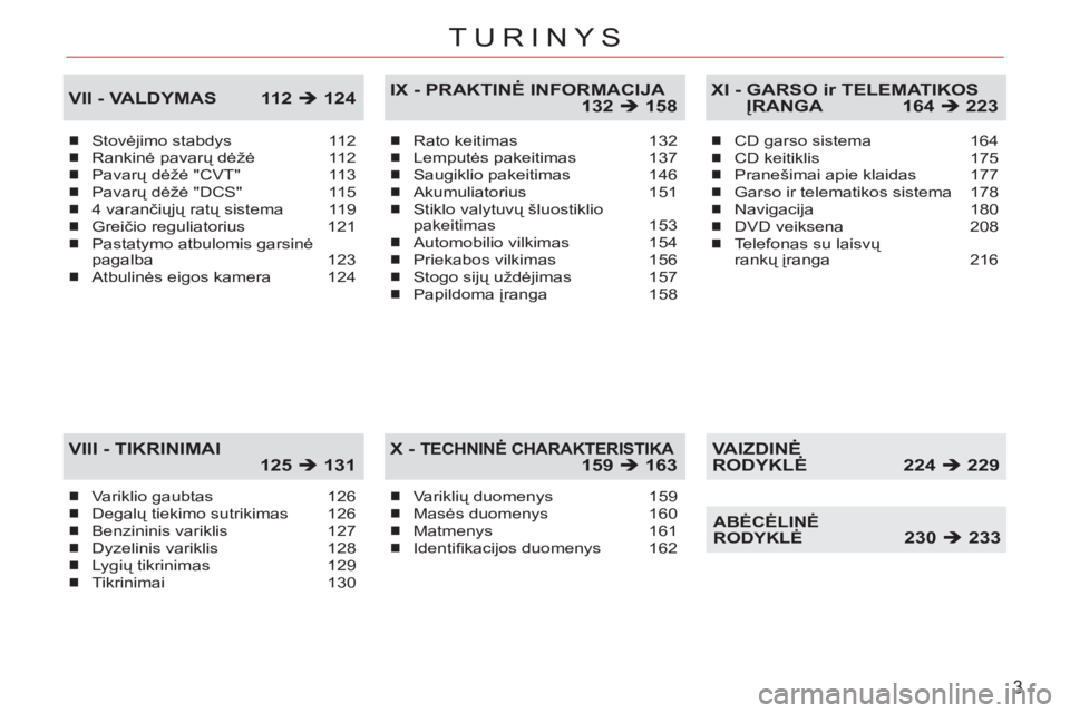 CITROEN C-CROSSER 2012  Eksploatavimo vadovas (in Lithuanian) 3
TURINYS
Stovėjimo stabdys 112Rankinė pavarų dėžė 112Pavarų dėžė "CVT"  113Pavarų dėžė "DCS"  1154 varančiųjÐ ratų sistema  119Greičio reguliatorius 121Pastatymo atbulomis garsin�
