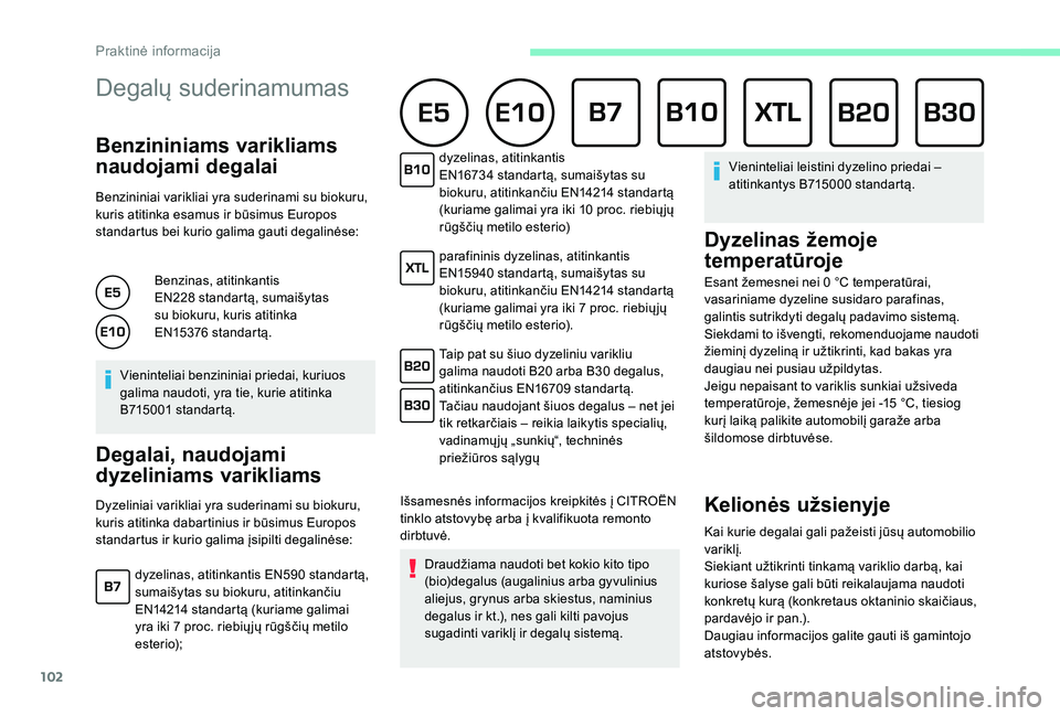 CITROEN C-ELYSÉE 2018 Eksploatavimo vadovas (in Lithuanian) 102
Degalų suderinamumas
Benzininiams varikliams
naudojami degalai
Benzininiai varikliai yra suderinami su biokuru,
kuris atitinka esamus ir būsimus Europos
standartus bei kurio galima gauti dega CITROEN C-ELYSÉE 2018 Eksploatavimo vadovas (in Lithuanian) 102
Degalų suderinamumas
Benzininiams varikliams
naudojami degalai
Benzininiai varikliai yra suderinami su biokuru,
kuris atitinka esamus ir būsimus Europos
standartus bei kurio galima gauti dega
