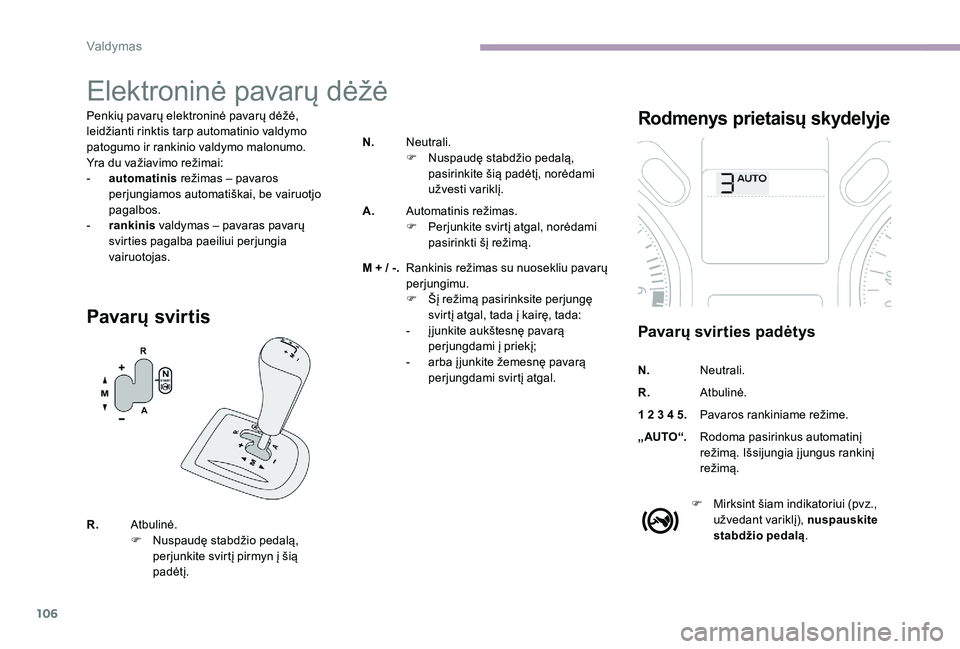CITROEN C-ELYSÉE 2017 Eksploatavimo vadovas (in Lithuanian) 106
Elektroninė pavarų dėžė
Penkių pavarų elektroninė pavarų dėžė,
leidžianti rinktis tarp automatinio valdymo
patogumo ir rankinio valdymo malonumo.
Yra du važiavimo režimai:
-
a
u CITROEN C-ELYSÉE 2017 Eksploatavimo vadovas (in Lithuanian) 106
Elektroninė pavarų dėžė
Penkių pavarų elektroninė pavarų dėžė,
leidžianti rinktis tarp automatinio valdymo
patogumo ir rankinio valdymo malonumo.
Yra du važiavimo režimai:
-
a
u