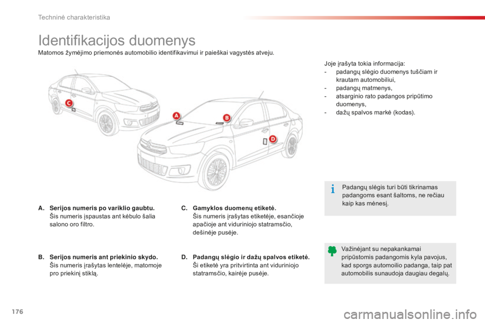 CITROEN C-ELYSÉE 2016 Eksploatavimo vadovas (in Lithuanian) 176
Identifikacijos duomenys
A. Serijos numeris po variklio gaubtu. Š
is numeris įspaustas ant kėbulo šalia
salono oro filtro. Padangų slėgis turi būti tikrinamas
padangoms esant šaltoms, n CITROEN C-ELYSÉE 2016 Eksploatavimo vadovas (in Lithuanian) 176
Identifikacijos duomenys
A. Serijos numeris po variklio gaubtu. Š
is numeris įspaustas ant kėbulo šalia
salono oro filtro. Padangų slėgis turi būti tikrinamas
padangoms esant šaltoms, n