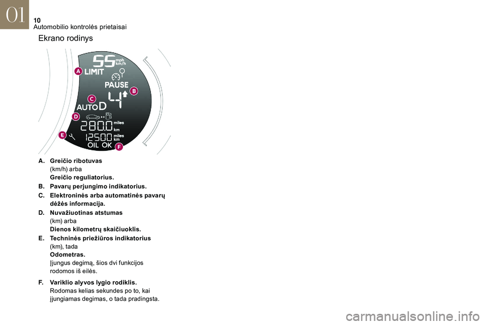 CITROEN DS3 2018  Eksploatavimo vadovas (in Lithuanian) 10
A.Greičio ribotuvas
(km/h) arba
Greičio reguliatorius.
B. Pavarų perjungimo indikatorius.
C. Elektroninės arba automatinės pavarų 
dėžės informacija.
D. Nuvažiuotinas atstumas
(km) arba
D