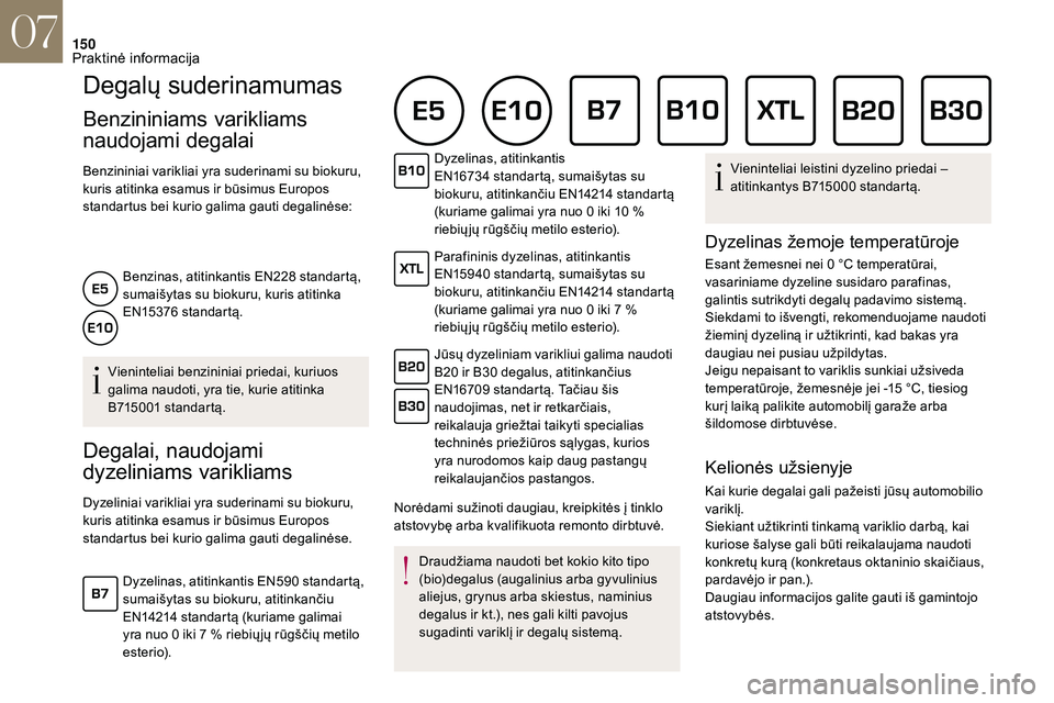 CITROEN DS3 2018 Eksploatavimo vadovas (in Lithuanian) 150
Degalų suderinamumas
Benzininiams varikliams
naudojami degalai
Benzininiai varikliai yra suderinami su biokuru,
kuris atitinka esamus ir būsimus Europos
standartus bei kurio galima gauti dega CITROEN DS3 2018 Eksploatavimo vadovas (in Lithuanian) 150
Degalų suderinamumas
Benzininiams varikliams
naudojami degalai
Benzininiai varikliai yra suderinami su biokuru,
kuris atitinka esamus ir būsimus Europos
standartus bei kurio galima gauti dega