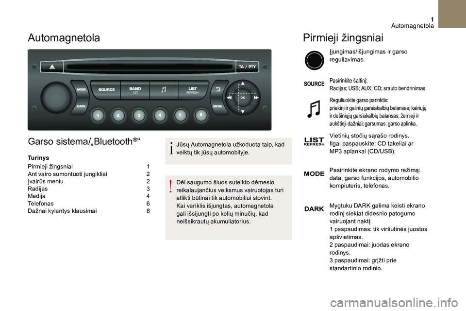 CITROEN DS3 2018 Eksploatavimo vadovas (in Lithuanian) 1
Automagnetola
Garso sistema/„Bluetooth®“
Tu r i n y s
Pirmieji žingsniai
1
A
nt vairo sumontuoti jungikliai
2
Į
vairūs meniu
2
R
adijas
3
M
edija
4
T
elefonas
6
D
ažn CITROEN DS3 2018 Eksploatavimo vadovas (in Lithuanian) 1
Automagnetola
Garso sistema/„Bluetooth®“
Tu r i n y s
Pirmieji žingsniai
1
A
nt vairo sumontuoti jungikliai
2
Į
vairūs meniu
2
R
adijas
3
M
edija
4
T
elefonas
6
D
ažn