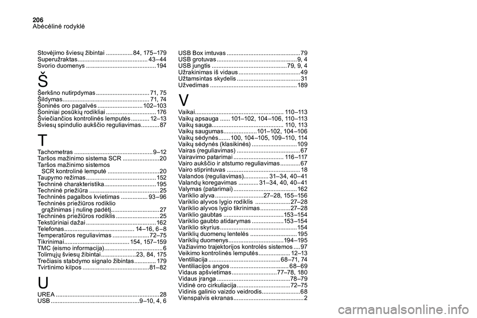 CITROEN DS3 2018  Eksploatavimo vadovas (in Lithuanian) 206
Stovėjimo šviesų žibintai ................8 4, 175 –179
Superužraktas .......................................... 43
– 44
Svorio duomenys
 
...............................
 ...........19 4