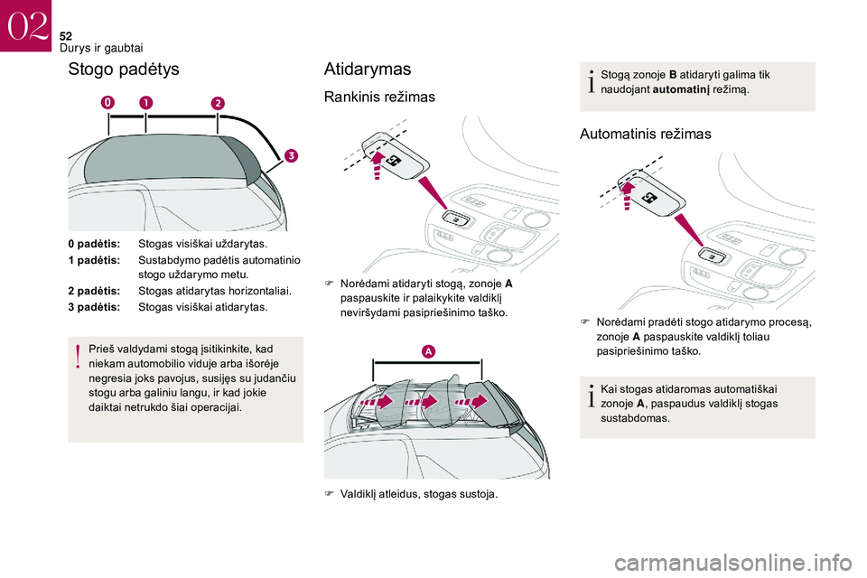 CITROEN DS3 2018 Eksploatavimo vadovas (in Lithuanian) 52
Stogo padėtys
0 padėtis:S togas visiškai uždarytas.
1 padėtis: Sustabdymo padėtis automatinio
stogo uždarymo metu.
2
padėtis: Stogas atidarytas horizontaliai.
3
padėtis: Stogas visi CITROEN DS3 2018 Eksploatavimo vadovas (in Lithuanian) 52
Stogo padėtys
0 padėtis:S togas visiškai uždarytas.
1 padėtis: Sustabdymo padėtis automatinio
stogo uždarymo metu.
2
padėtis: Stogas atidarytas horizontaliai.
3
padėtis: Stogas visi