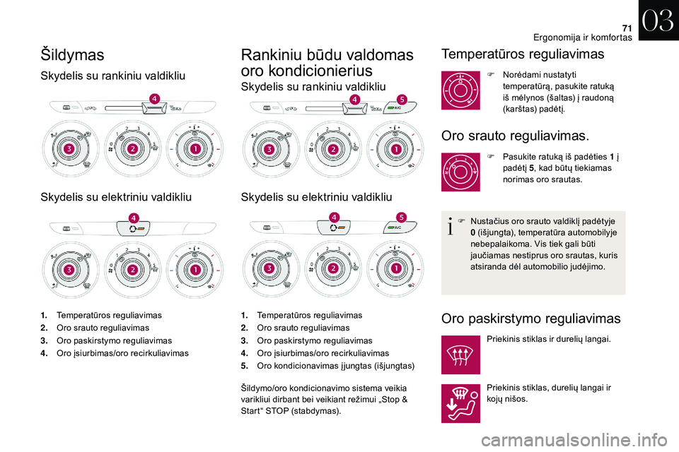 CITROEN DS3 2018  Eksploatavimo vadovas (in Lithuanian) 71
Šildymas
Skydelis su rankiniu valdikliu
Skydelis su elektriniu valdikliu
1.Temperatūros reguliavimas
2. Oro srauto reguliavimas
3. Oro paskirstymo reguliavimas
4. Oro įsiurbimas/oro recirkuliavi