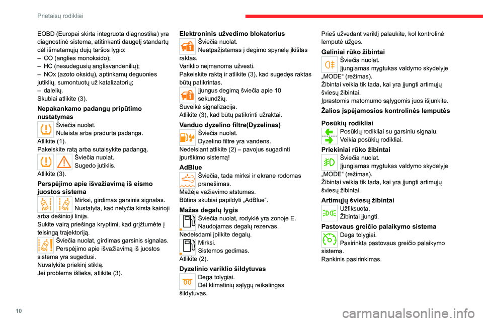 CITROEN JUMPER 2020 Eksploatavimo vadovas (in Lithuanian) 10
Prietaisų rodikliai
EOBD (Europai skirta integruota diagnostika) yra diagnostinė sistema, atitinkanti daugelį standartų dėl išmetamųjų dujų taršos lygio:– CO (anglies monoksido);– HC CITROEN JUMPER 2020 Eksploatavimo vadovas (in Lithuanian) 10
Prietaisų rodikliai
EOBD (Europai skirta integruota diagnostika) yra diagnostinė sistema, atitinkanti daugelį standartų dėl išmetamųjų dujų taršos lygio:– CO (anglies monoksido);– HC