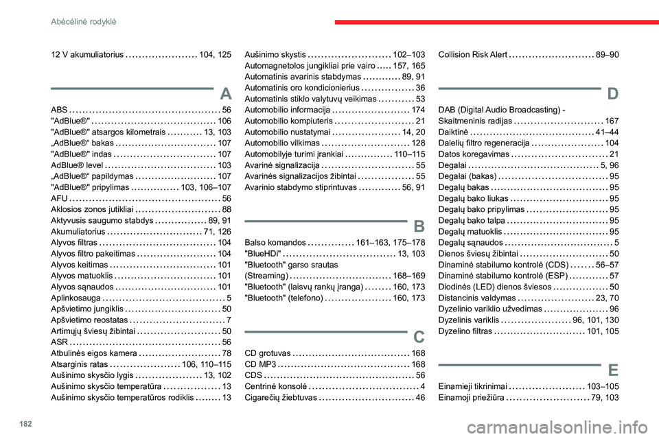 CITROEN JUMPER 2020  Eksploatavimo vadovas (in Lithuanian) 182
Abėcėlinė rodyklė
12 V akumuliatorius   104, 125
A
ABS   56"AdBlue®"   106"AdBlue®" atsargos kilometrais   13, 103„AdBlue®“ bakas   107
"AdBlue®" indas   107AdB