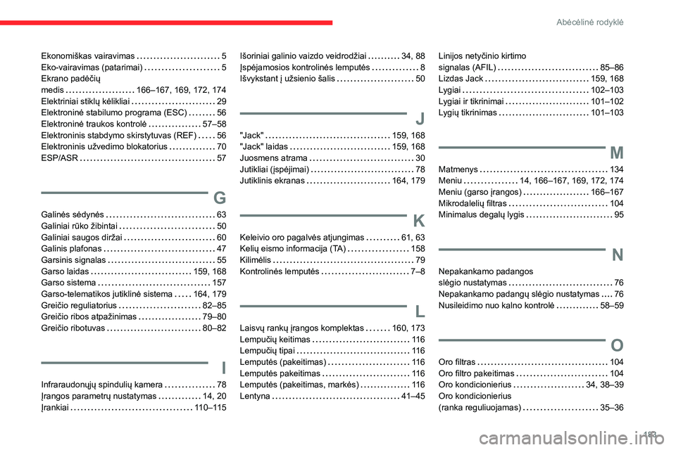 CITROEN JUMPER 2020  Eksploatavimo vadovas (in Lithuanian) 183
Abėcėlinė rodyklė
Ekonomiškas vairavimas   5Eko-vairavimas (patarimai)   5Ekrano padėčių  medis   166–167, 169, 172, 174Elektriniai stiklų kėlikliai   29Elektroninė stabilumo programa