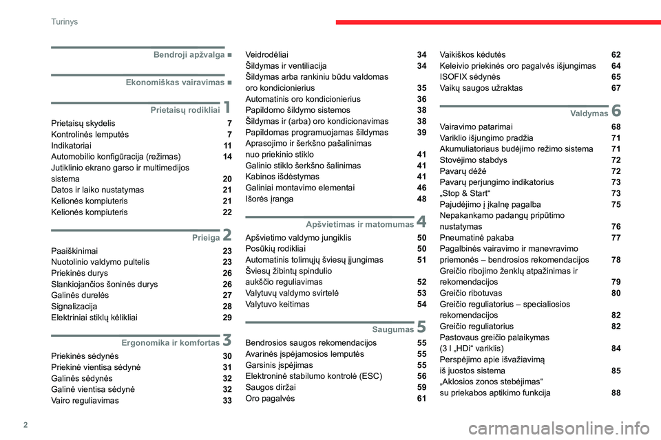 CITROEN JUMPER 2020  Eksploatavimo vadovas (in Lithuanian) 2
Turinys
  
  
  
  ■Bendroji apžvalga
  ■Ekonomiškas vairavimas
 1Prietaisų rodikliai
Prietaisų skydelis  7Kontrolinės lemputės  7Indikatoriai  11
Automobilio konfigūracija (režimas)