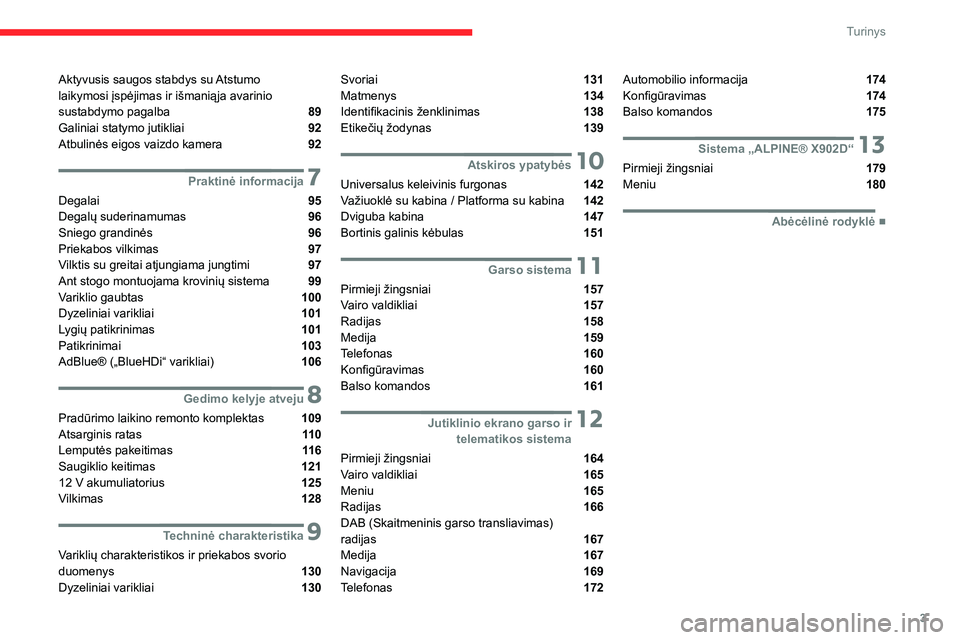 CITROEN JUMPER 2020  Eksploatavimo vadovas (in Lithuanian) 3
Turinys
Aktyvusis saugos stabdys su Atstumo  laikymosi įspėjimas ir išmaniąja avarinio sustabdymo pagalba  89Galiniai statymo jutikliai  92Atbulinės eigos vaizdo kamera  92
 7Praktinė informac