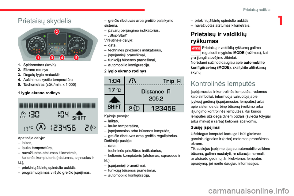 CITROEN JUMPER 2020  Eksploatavimo vadovas (in Lithuanian) 7
Prietaisų rodikliai
1Prietaisų skydelis 
 
1.Spidometras (km/h)
2.Ekrano rodinys
3.Degalų lygio matuoklis
4.Aušinimo skysčio temperatūra
5.Tachometras (sūk./min. x 1 000)
1 lygio ekrano rodin