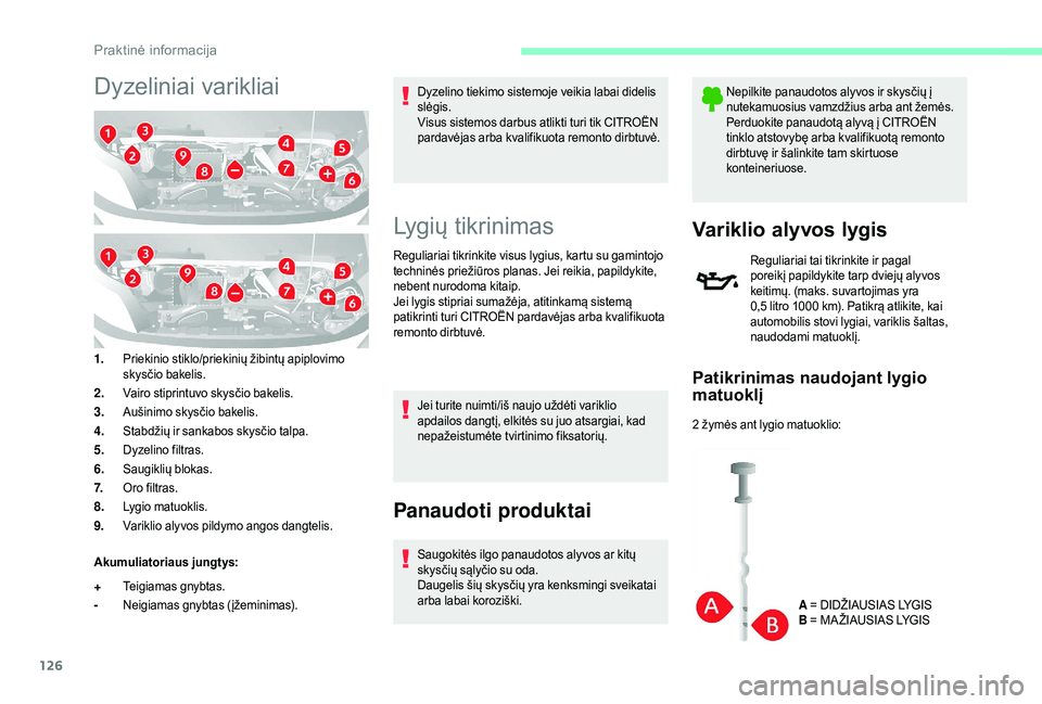 CITROEN JUMPER 2019 Eksploatavimo vadovas (in Lithuanian) 126
Dyzeliniai varikliai
1.Priekinio stiklo/priekinių žibintų apiplovimo
skysčio bakelis.
2. Vairo stiprintuvo skysčio bakelis.
3. Aušinimo skysčio bakelis.
4. Stabdžių ir sankabos skysčio CITROEN JUMPER 2019 Eksploatavimo vadovas (in Lithuanian) 126
Dyzeliniai varikliai
1.Priekinio stiklo/priekinių žibintų apiplovimo
skysčio bakelis.
2. Vairo stiprintuvo skysčio bakelis.
3. Aušinimo skysčio bakelis.
4. Stabdžių ir sankabos skysčio