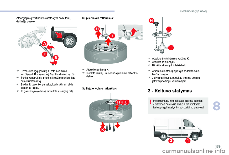 CITROEN JUMPER 2019 Eksploatavimo vadovas (in Lithuanian) 139
Atsarginį ratą tvirtinantis varžtas yra po buferiu,
dešinėje pusėje.Su plieniniais ratlankiais
:
Su lietojo lydinio ratlankiais :
F
U
žmaukite ilgą galvutę A , rato nuėmimo
veržliar CITROEN JUMPER 2019 Eksploatavimo vadovas (in Lithuanian) 139
Atsarginį ratą tvirtinantis varžtas yra po buferiu,
dešinėje pusėje.Su plieniniais ratlankiais
:
Su lietojo lydinio ratlankiais :
F
U
žmaukite ilgą galvutę A , rato nuėmimo
veržliar