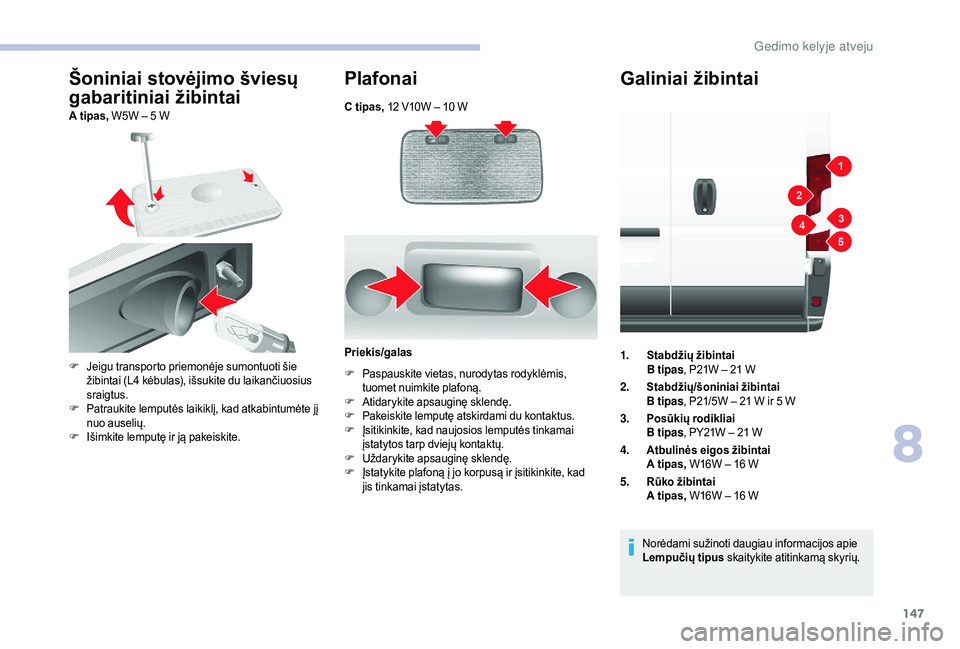 CITROEN JUMPER 2019 Eksploatavimo vadovas (in Lithuanian) 147
C tipas, 12 V10W – 10 W
Šoniniai stovėjimo šviesų
gabaritiniai žibintai
A tipas, W5W – 5 W
Plafonai
F Jeigu transporto priemonėje sumontuoti šie žibintai (L4 kėbulas), išsukite du CITROEN JUMPER 2019 Eksploatavimo vadovas (in Lithuanian) 147
C tipas, 12 V10W – 10 W
Šoniniai stovėjimo šviesų
gabaritiniai žibintai
A tipas, W5W – 5 W
Plafonai
F Jeigu transporto priemonėje sumontuoti šie žibintai (L4 kėbulas), išsukite du
