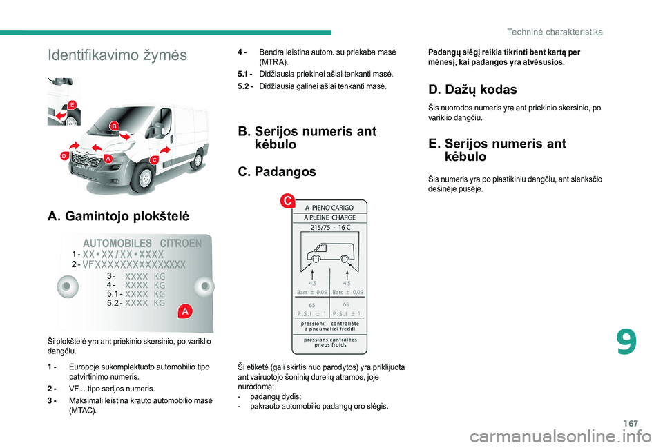 CITROEN JUMPER 2019  Eksploatavimo vadovas (in Lithuanian) 167
Identifikavimo žymės
A. Gamintojo plokštelė
4 - Bendra leistina autom. su priekaba masė 
(MTRA).
5 .1  -   Didžiausia priekinei ašiai tenkanti masė.
5.2 -  Didžiausia galinei ašiai tenka