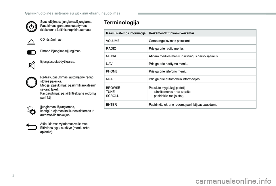 CITROEN JUMPER 2019  Eksploatavimo vadovas (in Lithuanian) 2
Spustelėjimas: įjungiama/išjungiama.
Pasukimas: garsumo nustatymas 
(kiekvienas šaltinis nepriklausomas).
CD išstūmimas.
Ekrano išjungimas/įjungimas.
Išjungti/sustabdyti garsą.
Radijas, pa