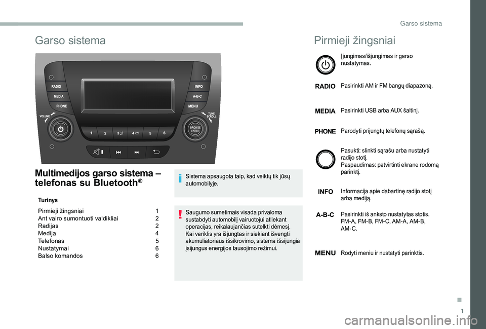 CITROEN JUMPER 2019 Eksploatavimo vadovas (in Lithuanian) 1
Garso sistema
Multimedijos garso sistema –
telefonas su Bluetooth®
Tu r i n y s
Pirmieji žingsniai 1
A nt vairo sumontuoti valdikliai 2
R
adijas
2
M
edija
4
T
elefonas
5
N
ustaty CITROEN JUMPER 2019 Eksploatavimo vadovas (in Lithuanian) 1
Garso sistema
Multimedijos garso sistema –
telefonas su Bluetooth®
Tu r i n y s
Pirmieji žingsniai 1
A nt vairo sumontuoti valdikliai 2
R
adijas
2
M
edija
4
T
elefonas
5
N
ustaty