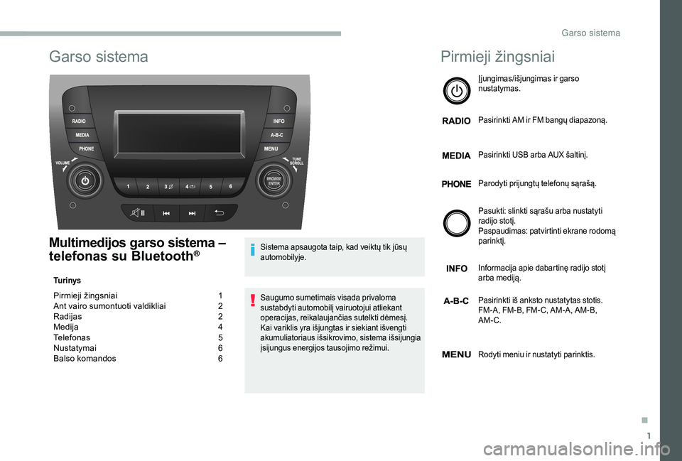 CITROEN JUMPER 2019  Eksploatavimo vadovas (in Lithuanian) 1
Garso sistema
Multimedijos garso sistema – 
telefonas su Bluetooth®
Tu r i n y s
Pirmieji žingsniai  1
A nt vairo sumontuoti valdikliai   2
R
adijas   
2
M

edija   
4
T

elefonas   
5
N

ustaty