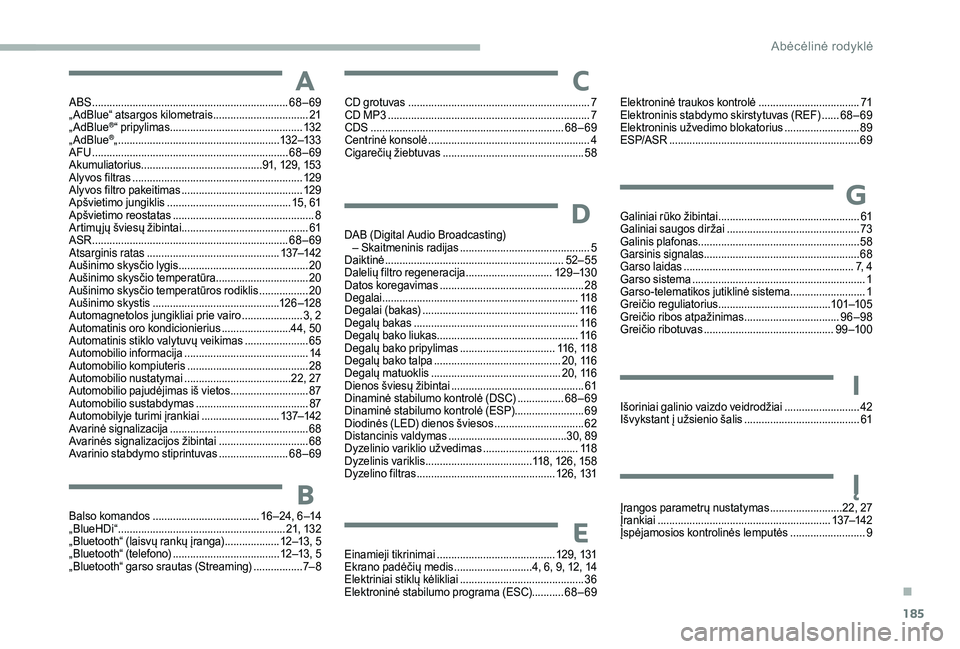 CITROEN JUMPER 2019  Eksploatavimo vadovas (in Lithuanian) 185
ABS ....................................................................68–69
„AdBlue“ atsargos kilometrais ................................. 21
„
AdBlue
®“ pripylimas .................