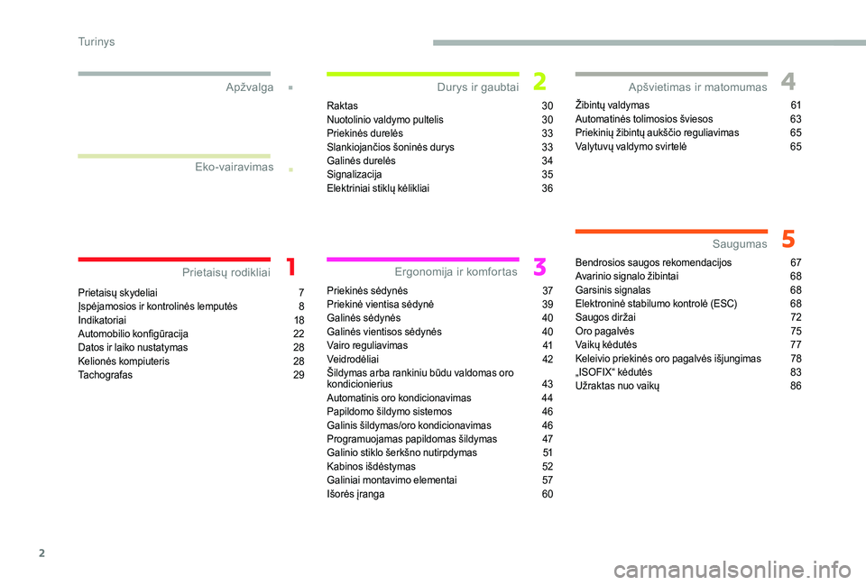CITROEN JUMPER 2019  Eksploatavimo vadovas (in Lithuanian) 2
.
.
Prietaisų skydeliai 7
Į spėjamosios ir kontrolinės lemputės  8
I
ndikatoriai
 1
 8
Automobilio konfigūracija
 2

2
Datos ir laiko nustatymas
 
2
 8
Kelionės kompiuteris
 
2
 8
Tachografas
