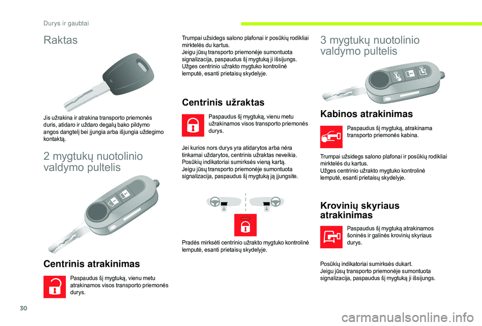 CITROEN JUMPER 2019  Eksploatavimo vadovas (in Lithuanian) 30
Raktas
Jis užrakina ir atrakina transporto priemonės 
duris, atidaro ir uždaro degalų bako pildymo 
angos dangtelį bei į jungia arba išjungia uždegimo 
kontaktą.
2 mygtukų nuotolinio 
v a