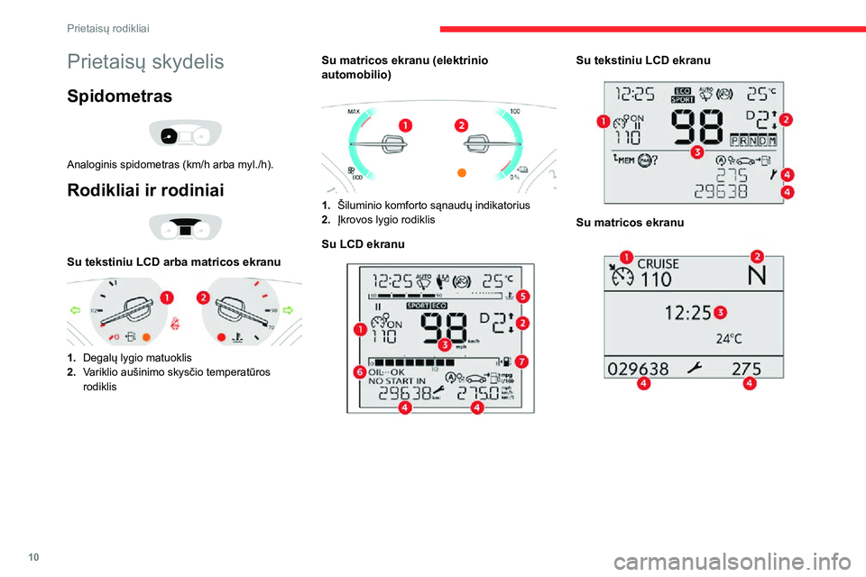 CITROEN JUMPER SPACETOURER 2021  Eksploatavimo vadovas (in Lithuanian) 10
Prietaisų rodikliai
Prietaisų skydelis
Spidometras 
 
Analoginis spidometras (km/h arba myl./h).
Rodikliai ir rodiniai 
 
Su tekstiniu LCD arba matricos ekranu 
 
1.Degalų lygio matuoklis
2. Var